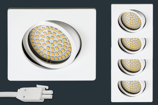 4er Set Ultra Flach LED Einbaustrahler 230V, eckig, weiß