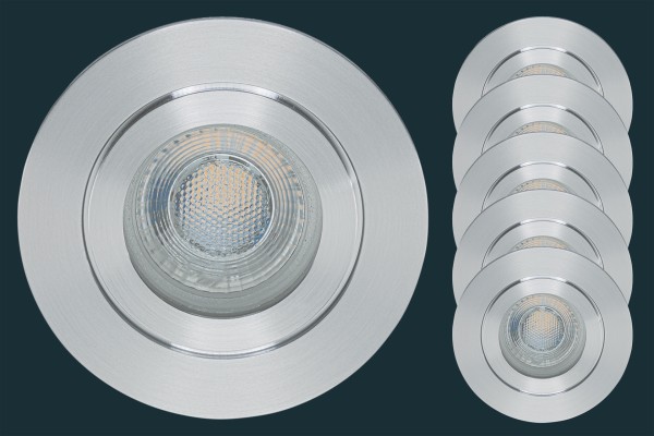 5er Set LED Einbaustrahler flach FLAT DIM IP44 38, aluminium