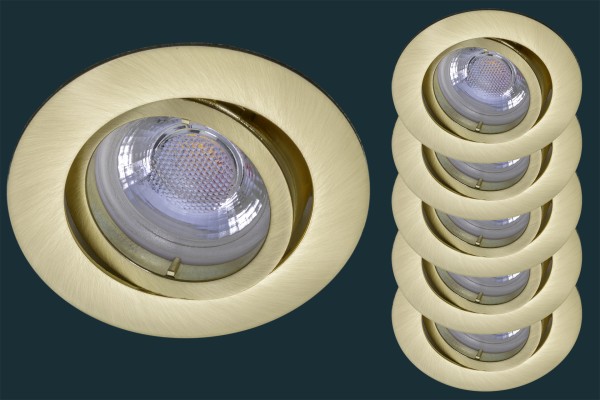 5er Set LED Einbaustrahler flach FLAT DIM 38, matt gold / messing